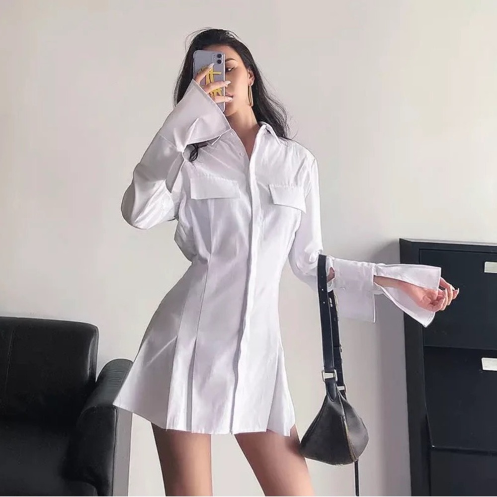 White Long Sleeve Shirt Mini Dress